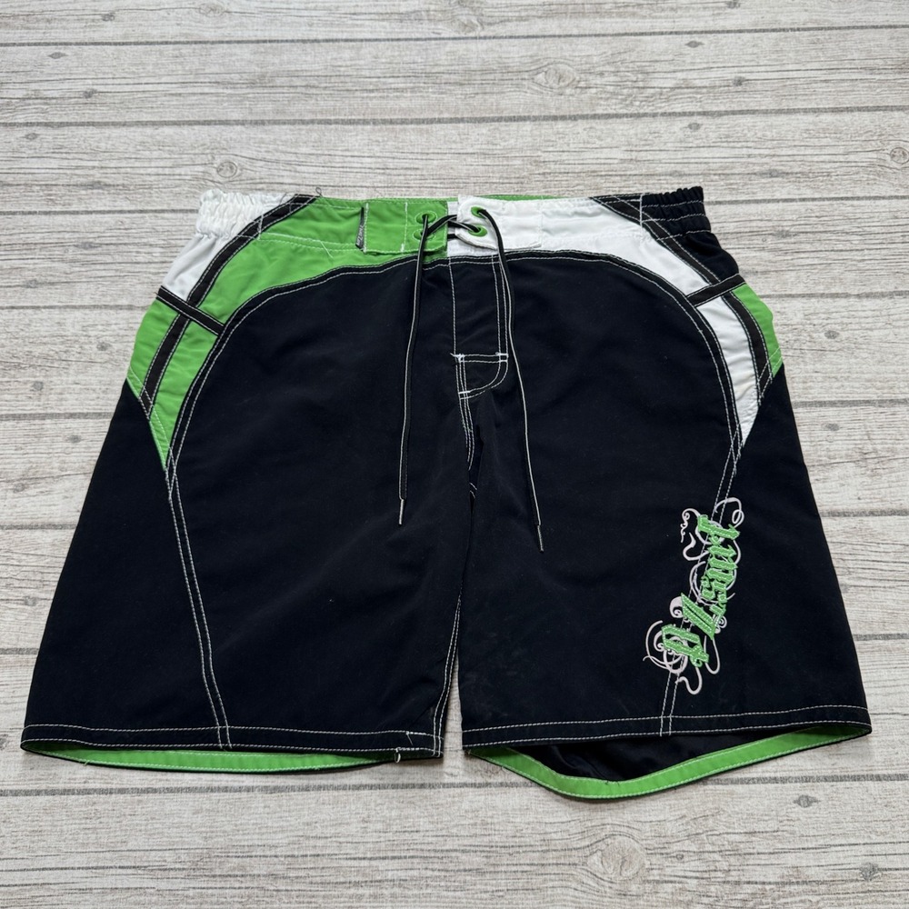 Point Zero Board Shorts Mens Large Black Green Colorblock Mesh Lined Swim Trunks
